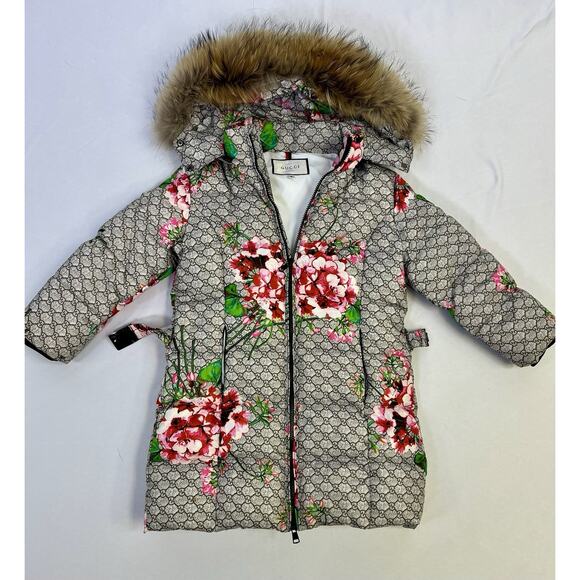Girls Down Puffer Jacket Brown Floral Removable Hood Fur Trim Sz 8 - Picture 9 of 16
